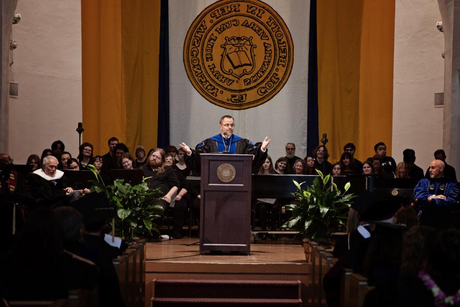 President Eric Boynton speaks to the crowd during his inaugural address.