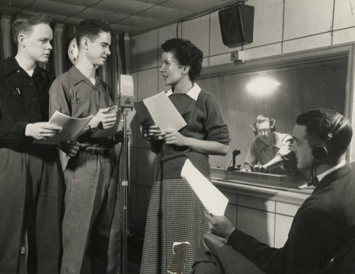 Getting an early start on podcasting, these Beloit students started with performing radio drama in the 1950s.