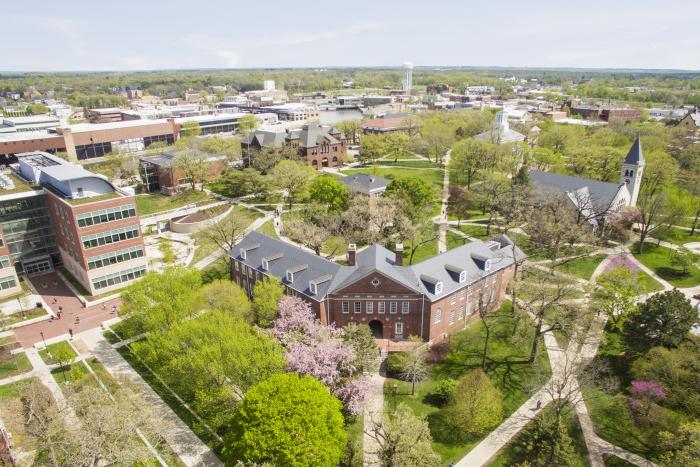 The aerial view of Beloit College campus in spring.